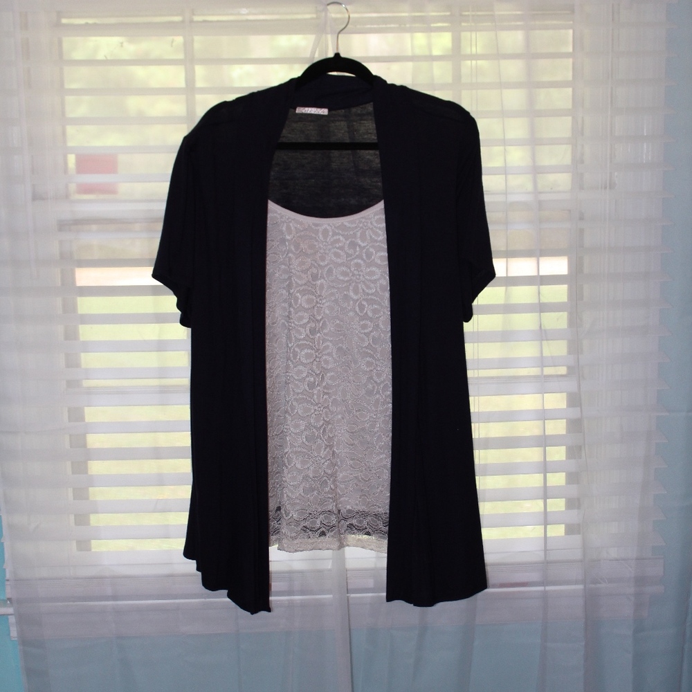 Navy Blue Short Sleeve Cardigan with Tank 1X