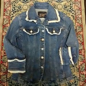 LAL LIVE A LITTLE Eyelet Lace Trimmed Cotton Blue Denim Jean Jacket Petite Small