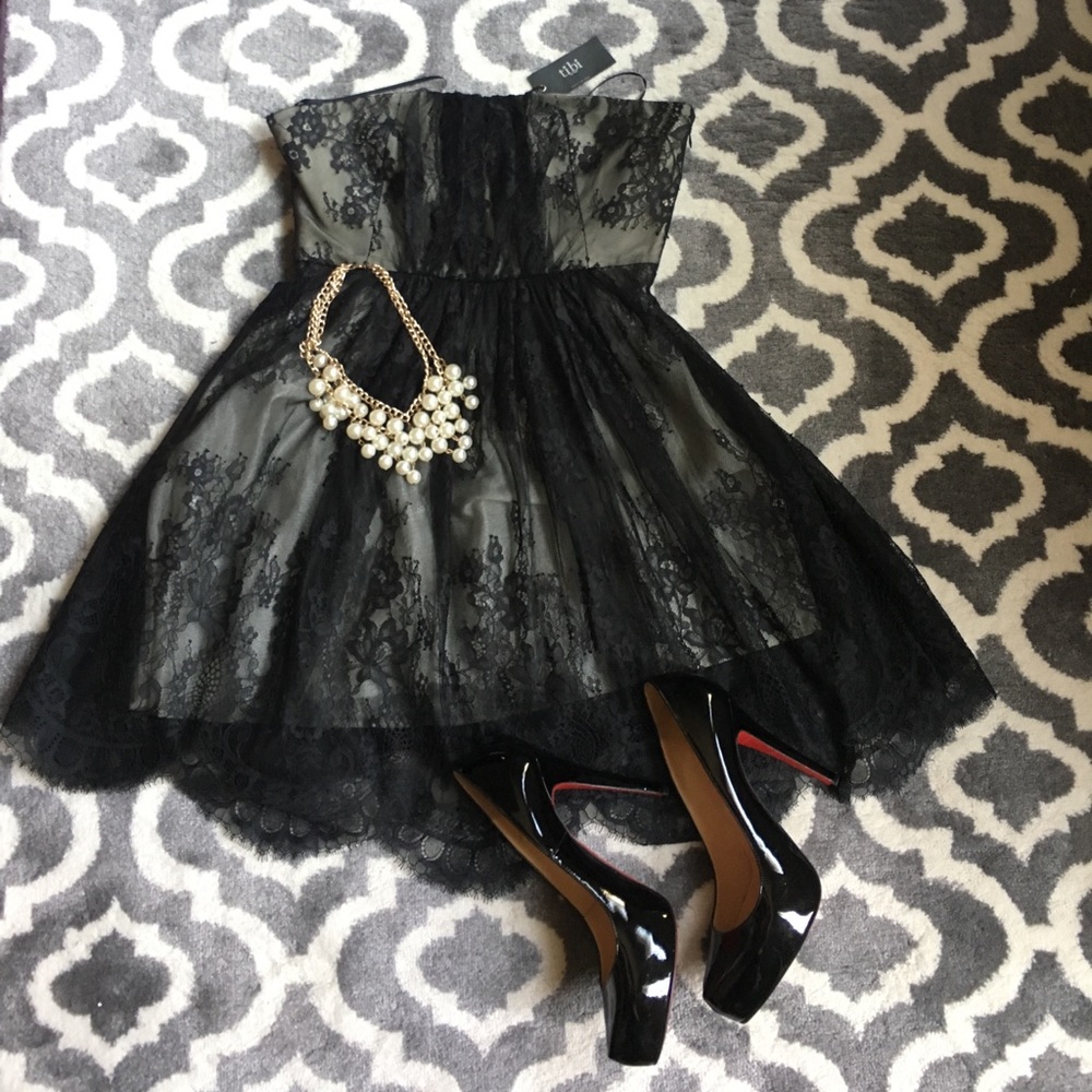 Tibi dress black lace strapless