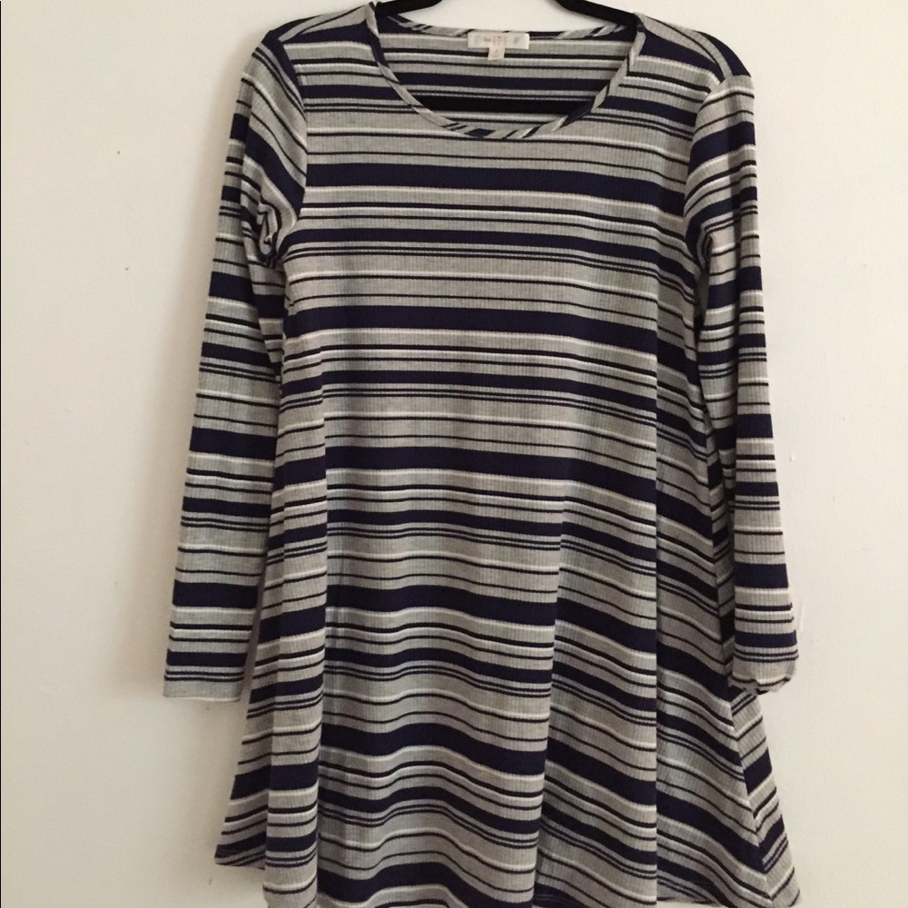 Gray, white, and navy  striped long-sleeve dress