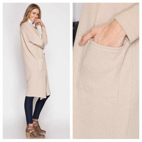 Beige Long Sleeve Loose-Fit Cardigan With Pockets - Picture 2 of 2