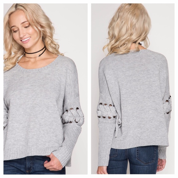 Gray Sweater With Grommet Lacing On Sleeves - Picture 2 of 2