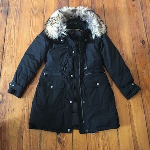 Andrew Marc black down parka with fur collar