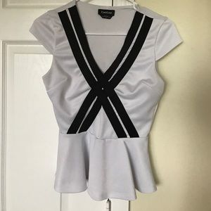 Bebe Peplum Black and White Top