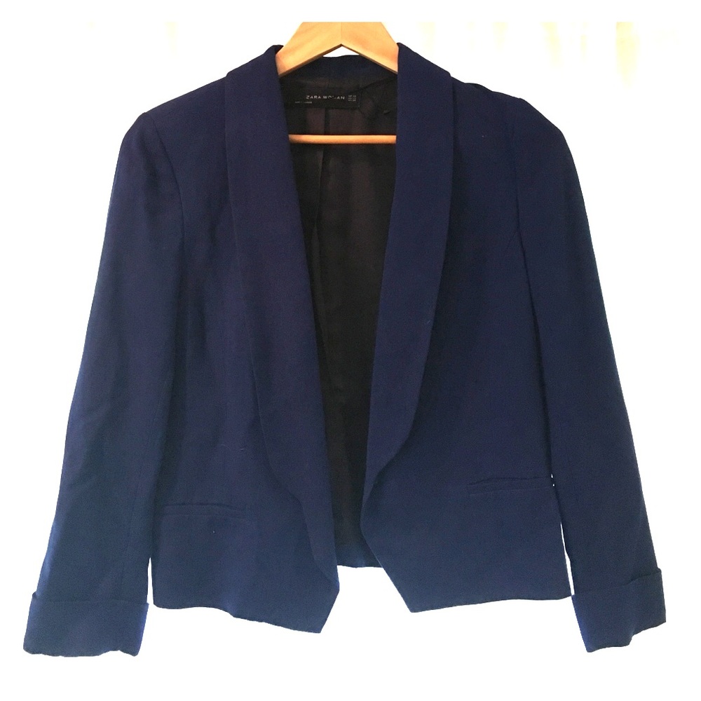 Zara Woman Cropped Navy Linen Blazer