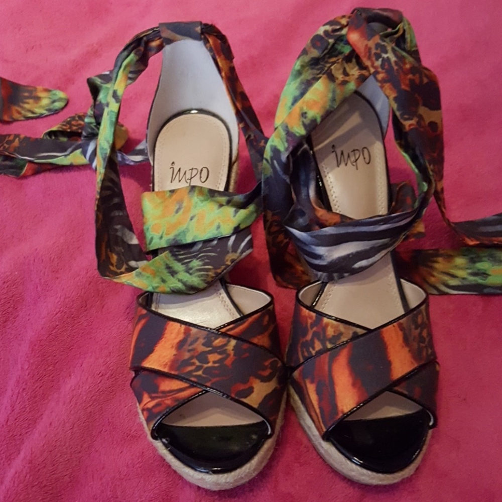 Impo animal print ankle wrap wedges.
