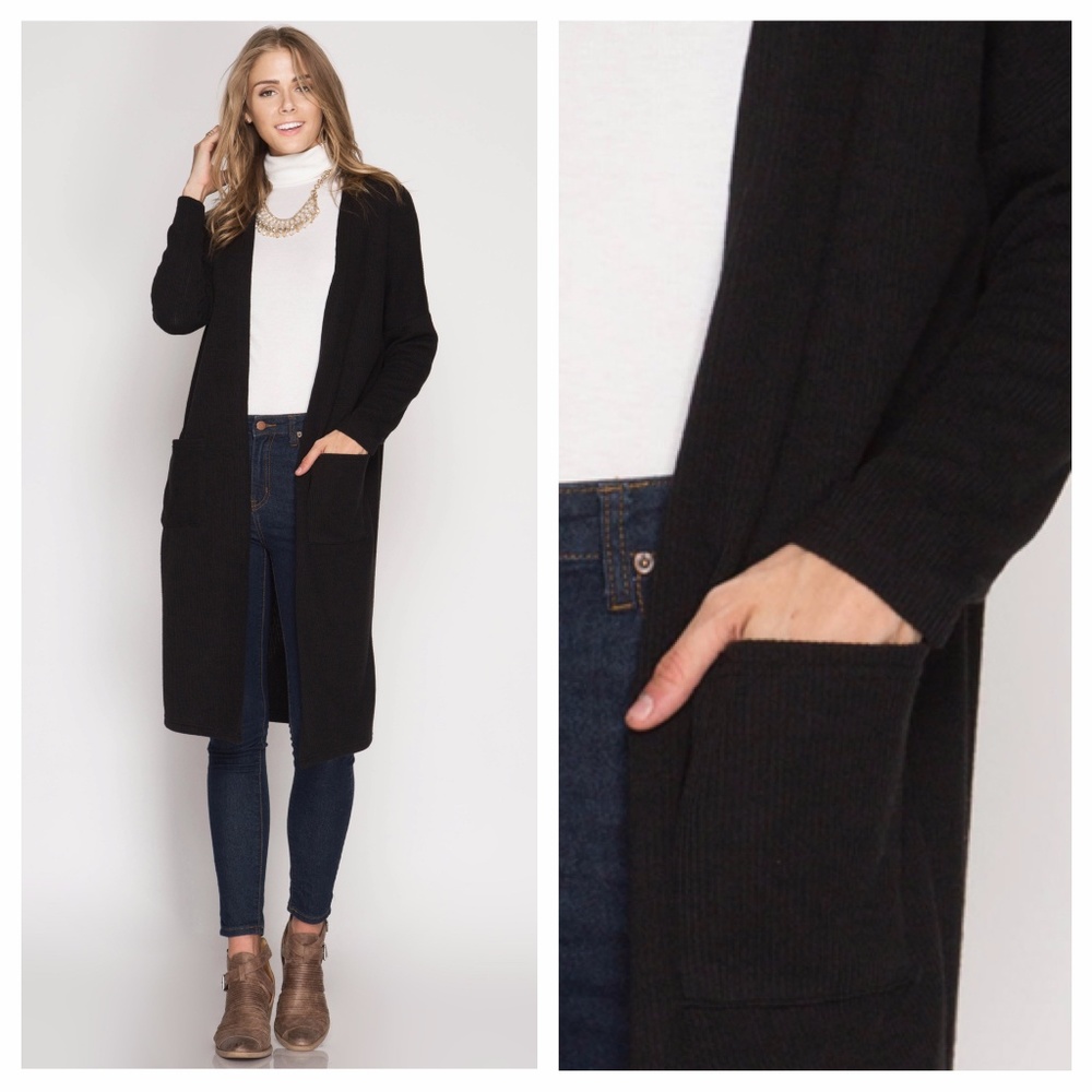 Black Long Sleeve Loose-Fit Cardigan With Pockets - Picture 2 of 2
