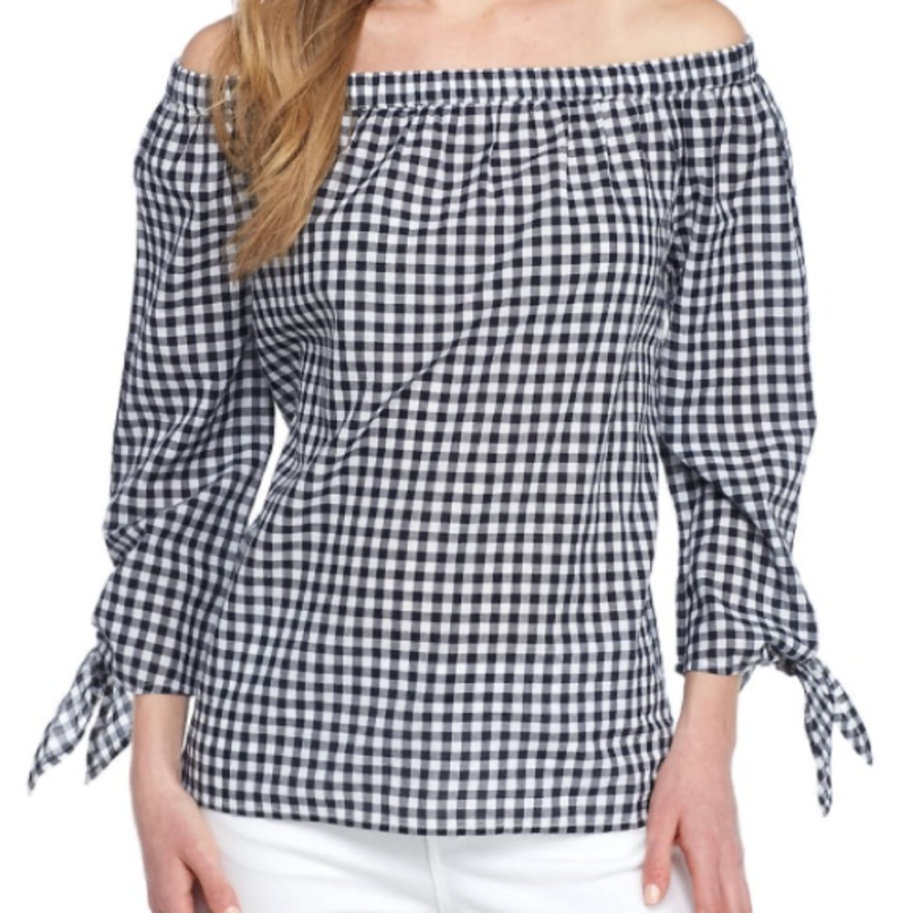 Ginham Black & White Off The Shoulder Blouse