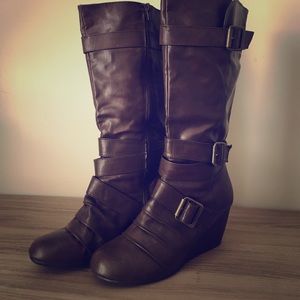 Brown wedge mid calf boots