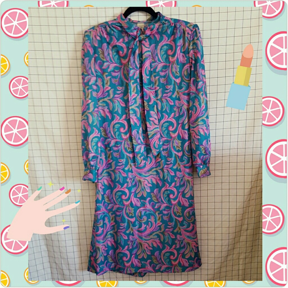 Vtg 70s Floral Long Sleeve Dress Bow Tie Collar 12