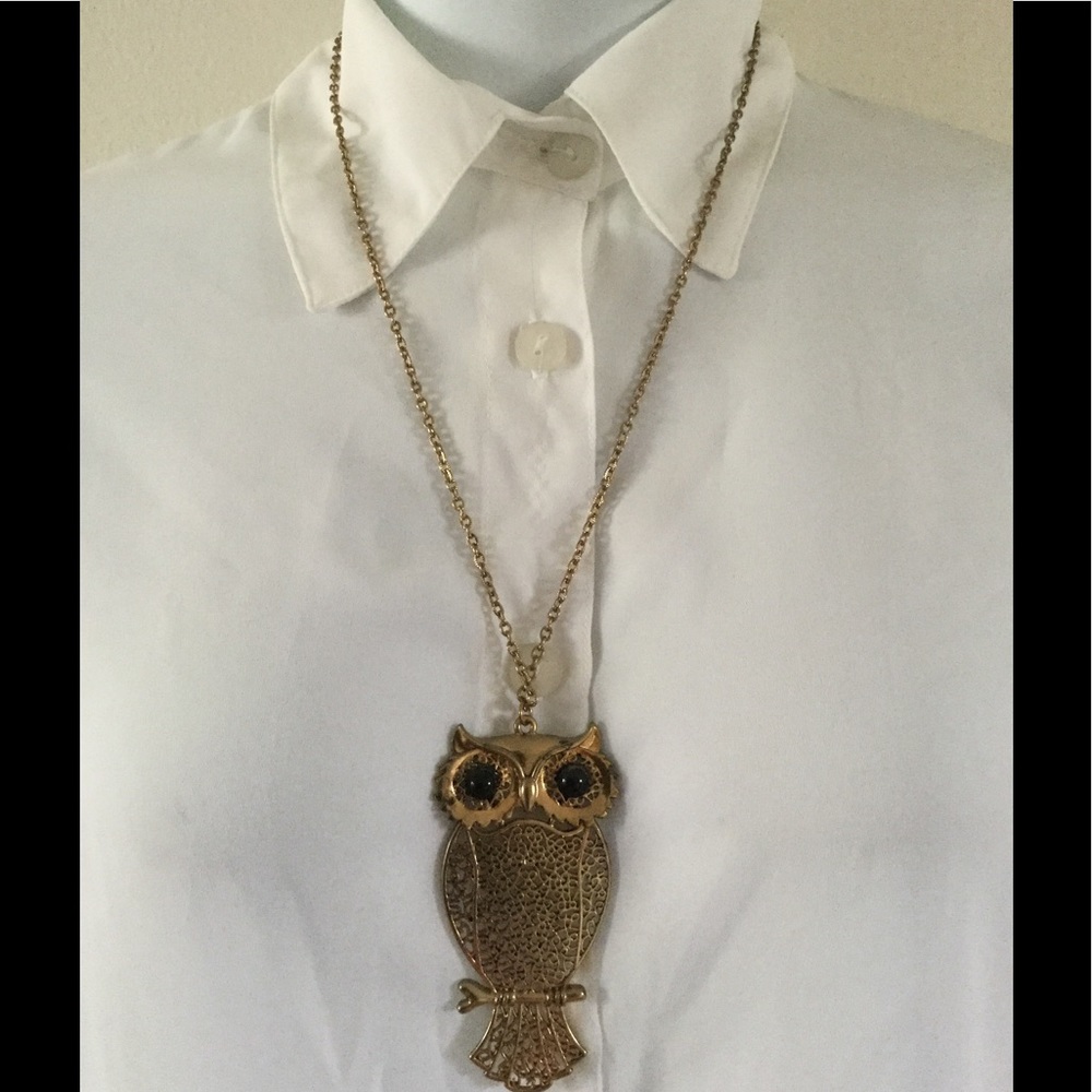 Large Gold Filigree Owl Necklace 28" Chain