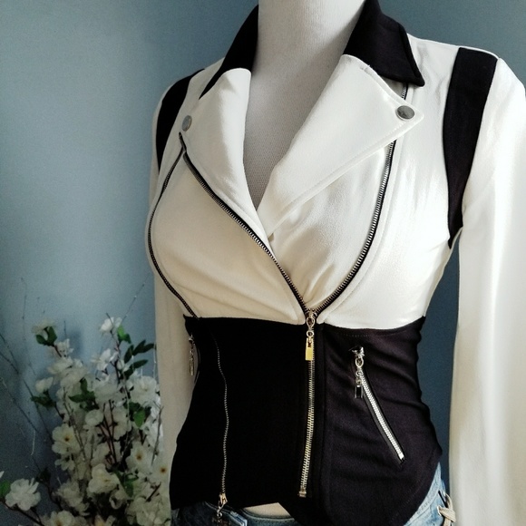 FINAL! Black White Zipper Moto Jacket - Picture 2 of 4