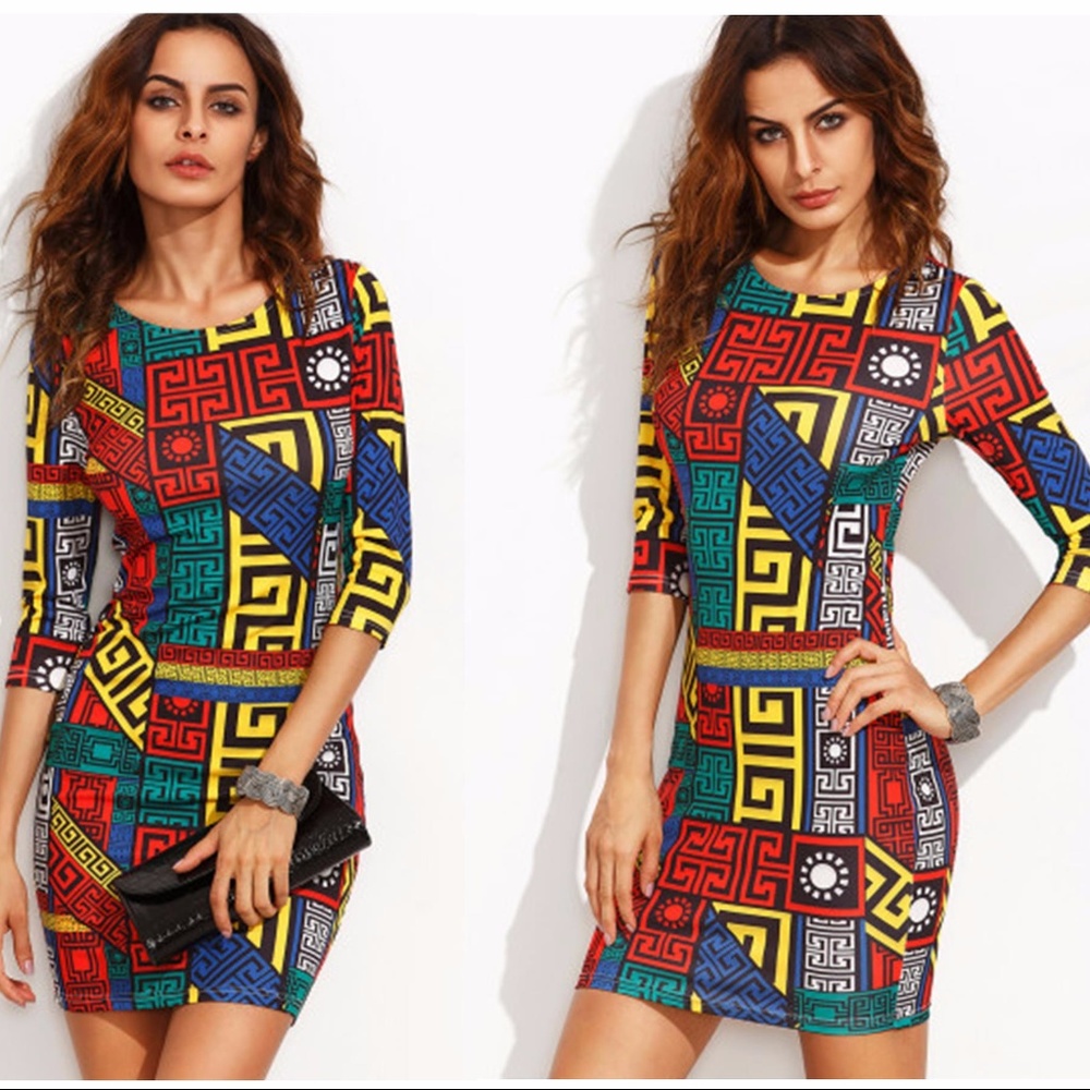 Bright Meander Pattern Print Sheath Dress