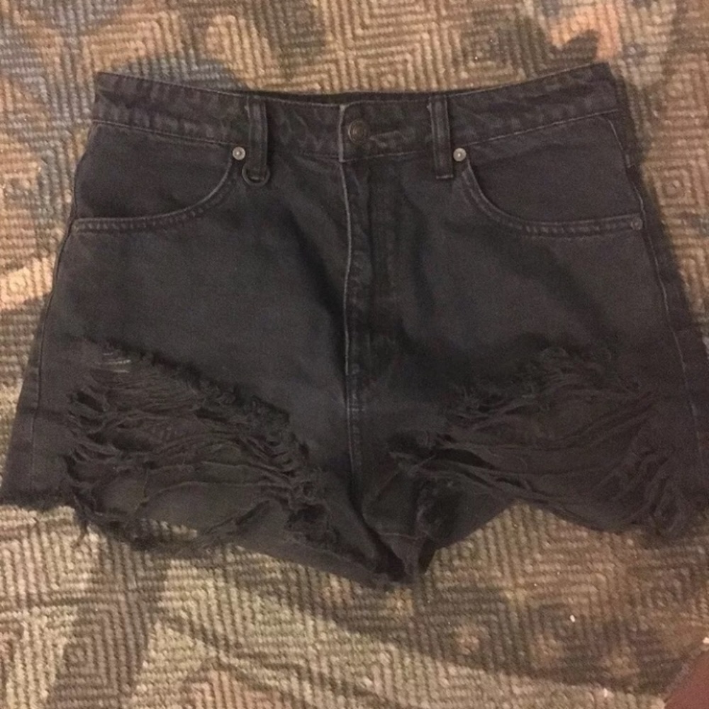 SOLD Neuw Lola black denim destroyed shorts cut offs