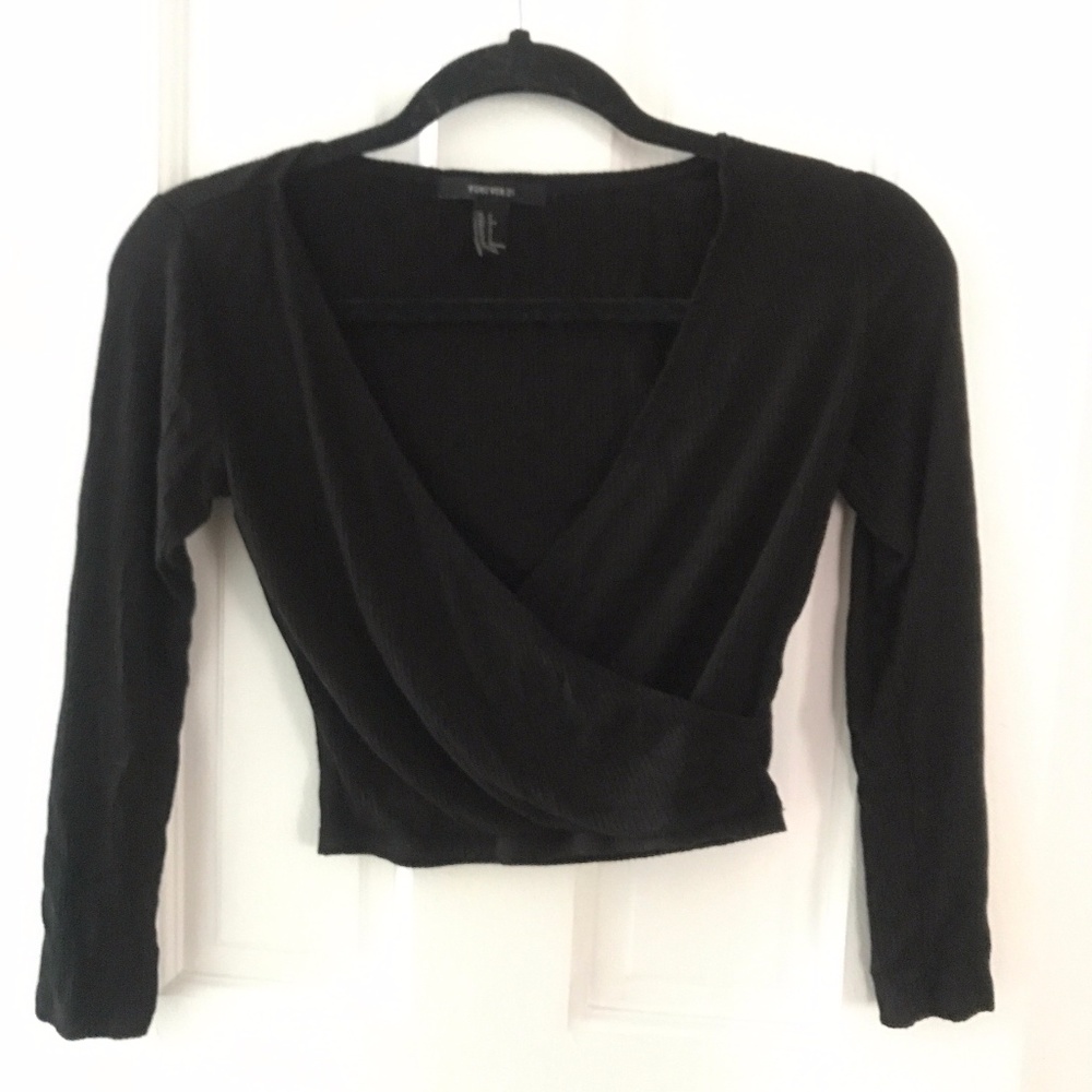 Forever 21 Black Ribbed Cross over Crop Top