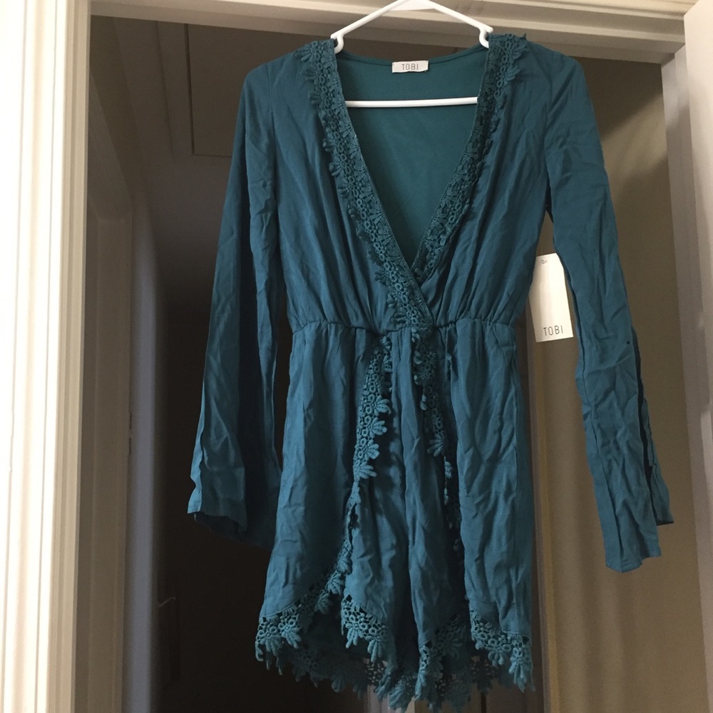 Tobi dark teal romper with crotchet detail