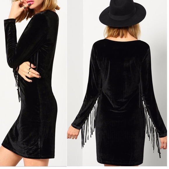 Black Crushed Velvet Tassel Dress - Picture 3 of 3