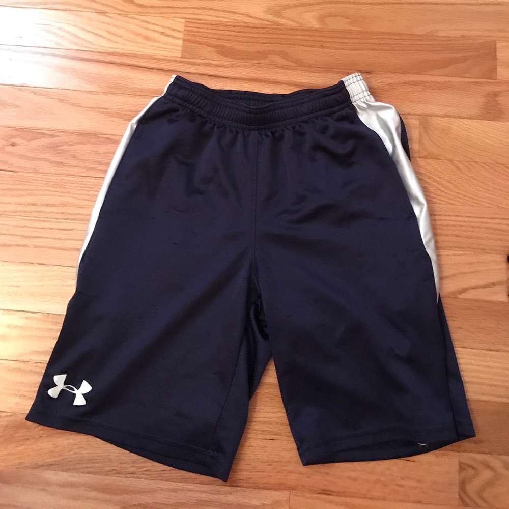 Boys navy blue and white under armor gym shorts
