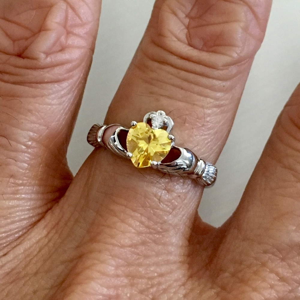 Sterling Silver Claddagh Yellow Topaz CZ Ring, Silver Ring, November Birthstone