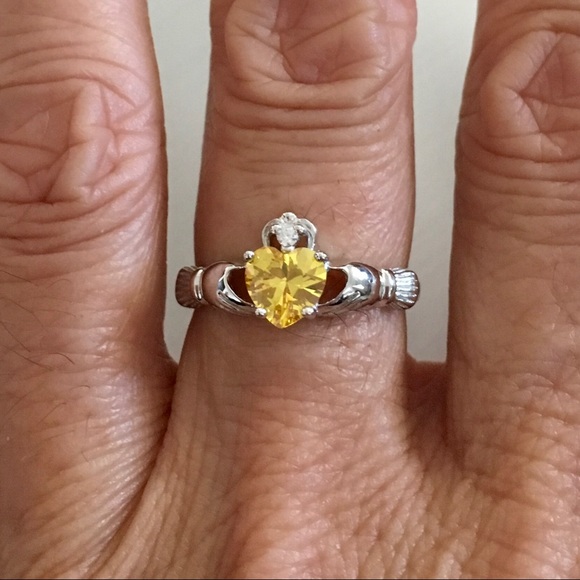 Sterling Silver Claddagh Yellow Topaz CZ Ring, Silver Ring, November Birthstone - Picture 4 of 5