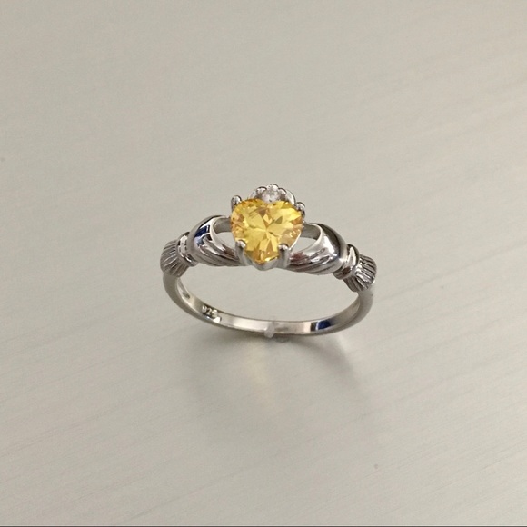Sterling Silver Claddagh Yellow Topaz CZ Ring, Silver Ring, November Birthstone - Picture 2 of 5