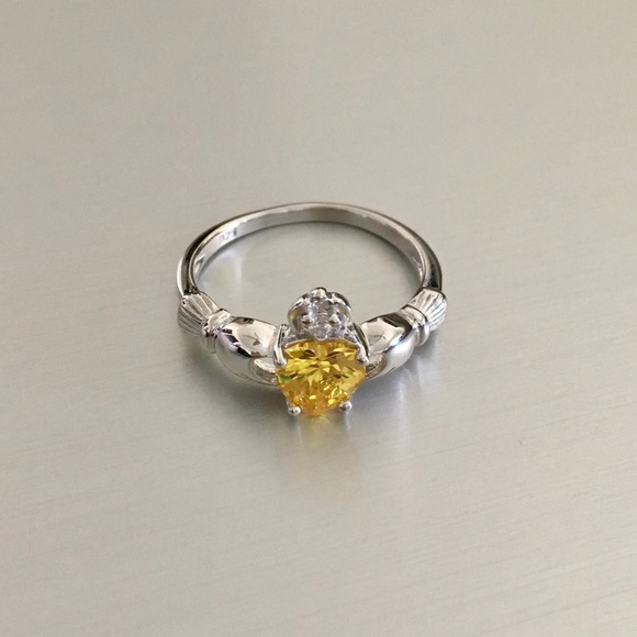 Sterling Silver Claddagh Yellow Topaz CZ Ring, Silver Ring, November Birthstone - Picture 3 of 5