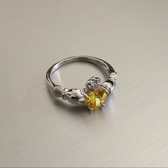 Sterling Silver Claddagh Yellow Topaz CZ Ring, Silver Ring, November Birthstone - Picture 5 of 5