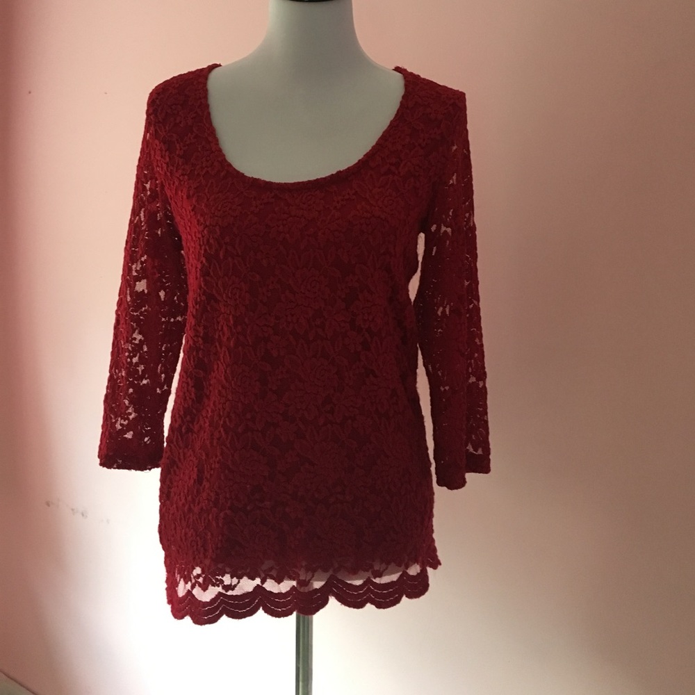 Lacey long sleeve red top, see through back/arms