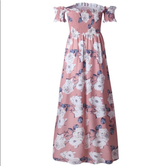 B2G1♦️Boho Floral Off Shoulder Maxi Dress Pink - Picture 3 of 6