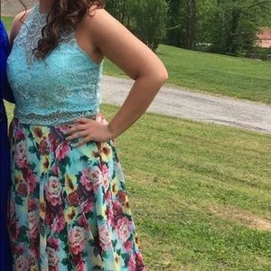 Rachel Allan Teal and Floral Prom Dress