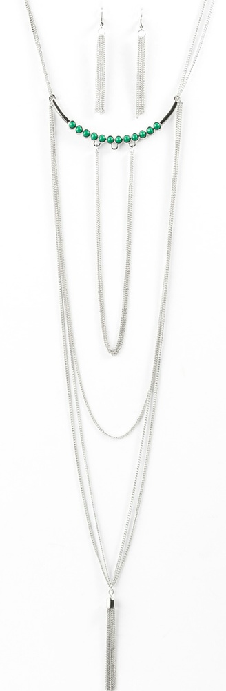 Green and silver beaded layer necklace w/earrings