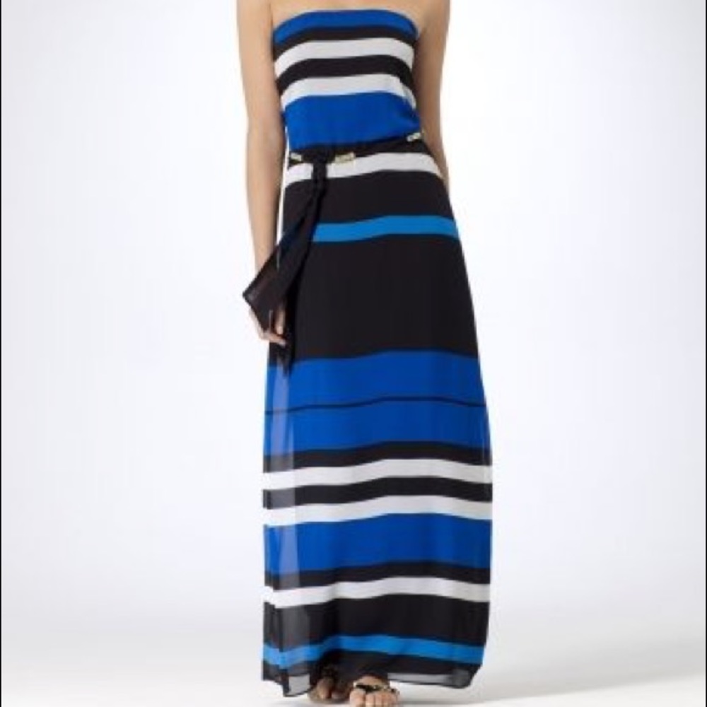 Beautiful Blue Striped Strapless Maxi
