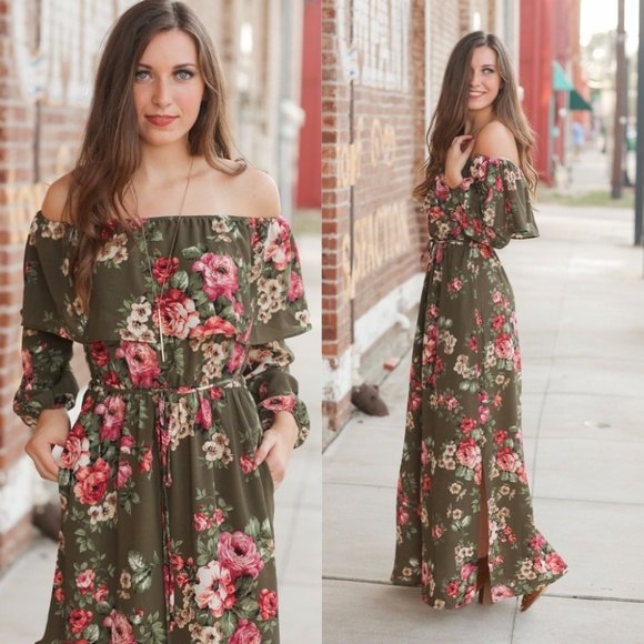 Infinity Raine Dresses & Skirts - LAST ONE! Olive Floral Off The Shoulder Maxi Dress