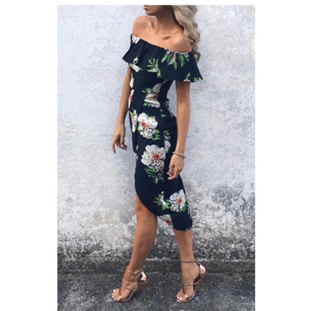 Off the shoulder navy floral high low dress