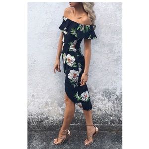 Off the shoulder navy floral high low dress