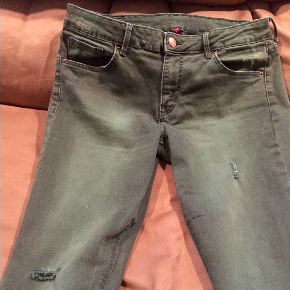 Green distressed skinny jeans!