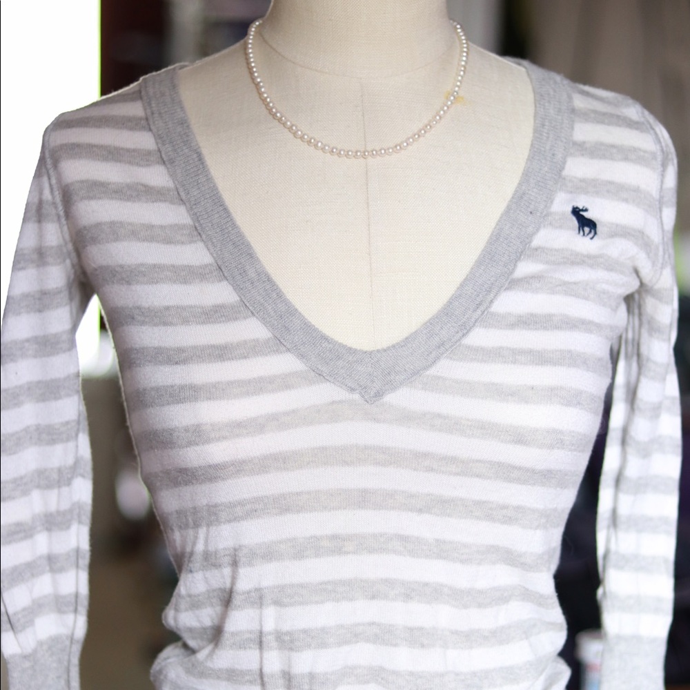 Gray and White Striped Sweater Blouse