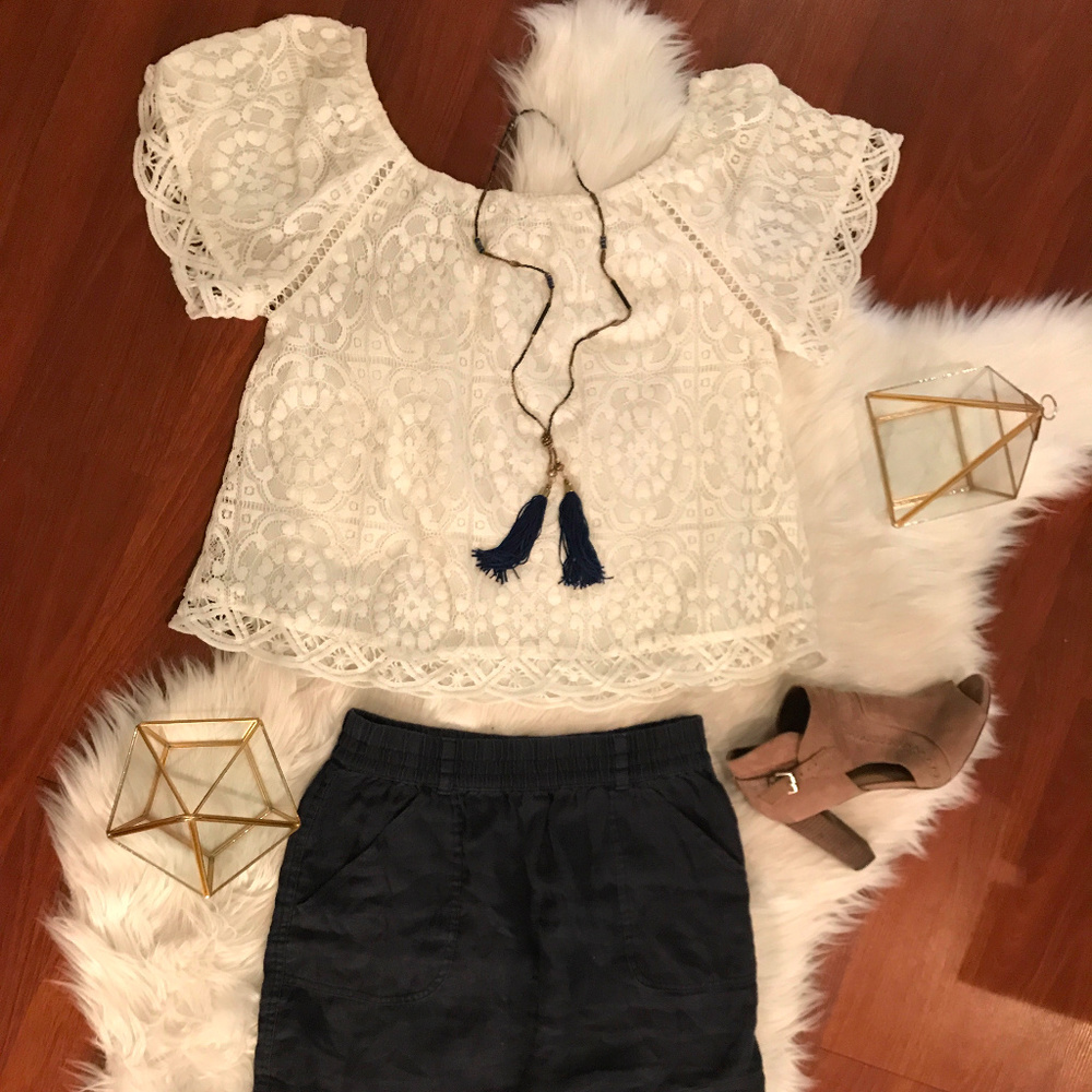 B.B. Dakota Off-the-shoulder white crochet shirt