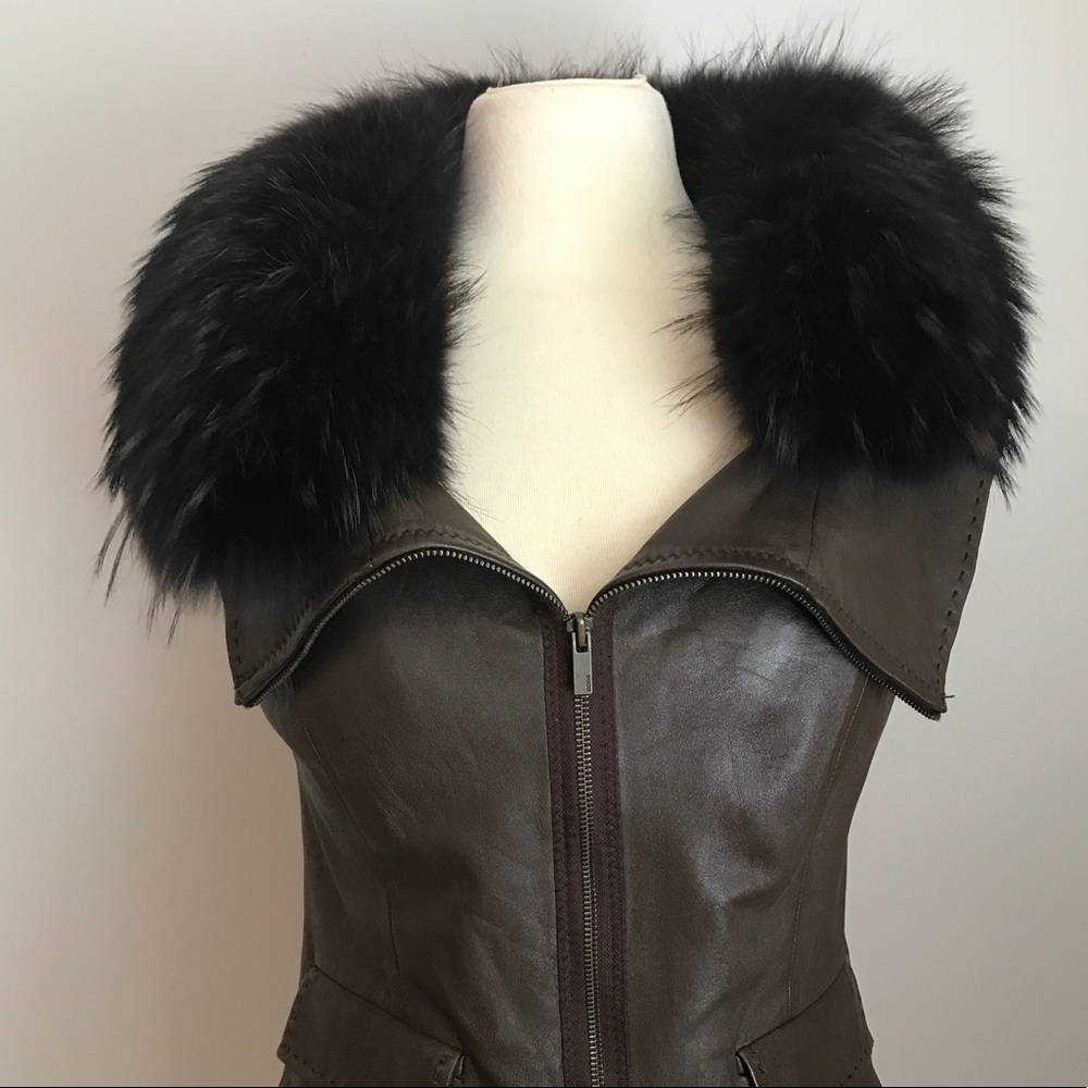 BCBG Maxazria Brown Leather Fur Trimmed Vest