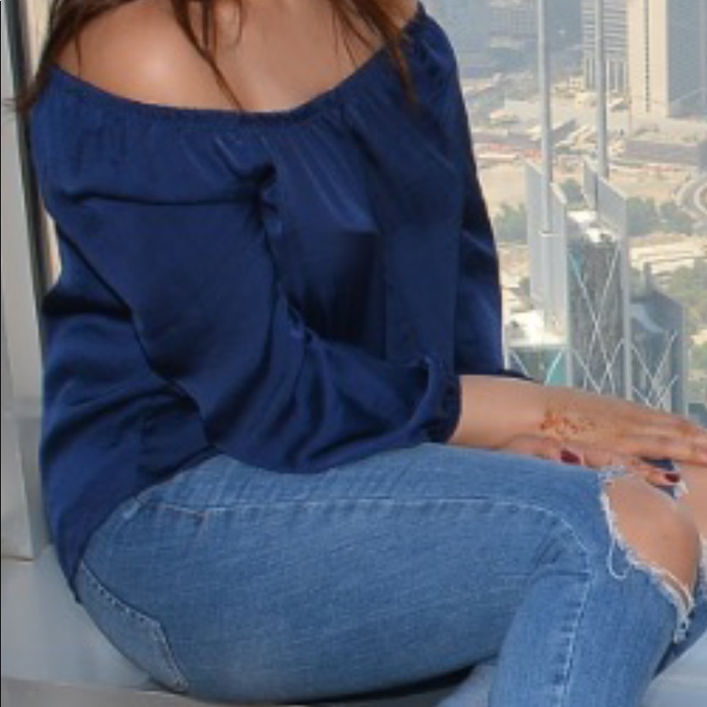 Royal blue off the shoulder silk top