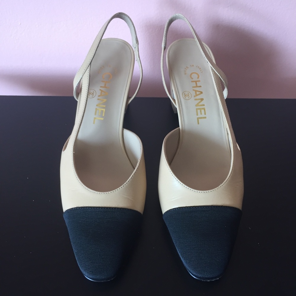 Chanel Two Tone Grosgrain Leather Slingbacks - Picture 3 of 4