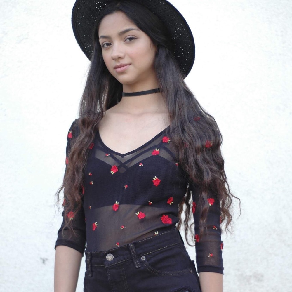 Vintage Black mesh top with embroidered roses.