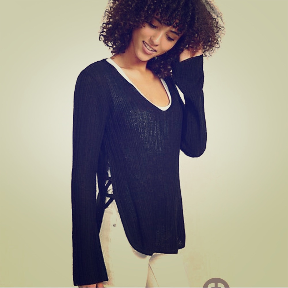 LACE-UP SIDE V-NECK PULLOVER SWEATER black XS