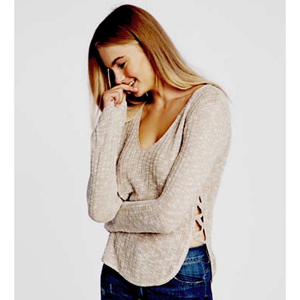 LACE-UP SIDE V-NECK PULLOVER SWEATER beige XS