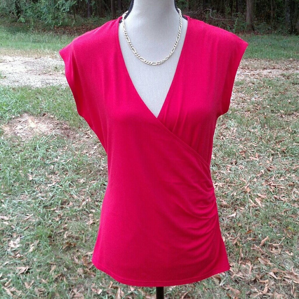 NWT Chaps Red V Neck Cap Sleeve Fitted Top