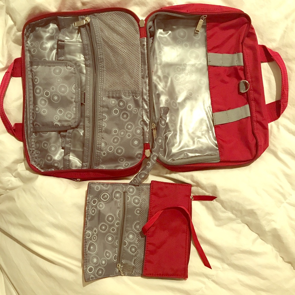 Red toiletries and jewelry travel bags