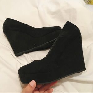 Black faux suede wedges