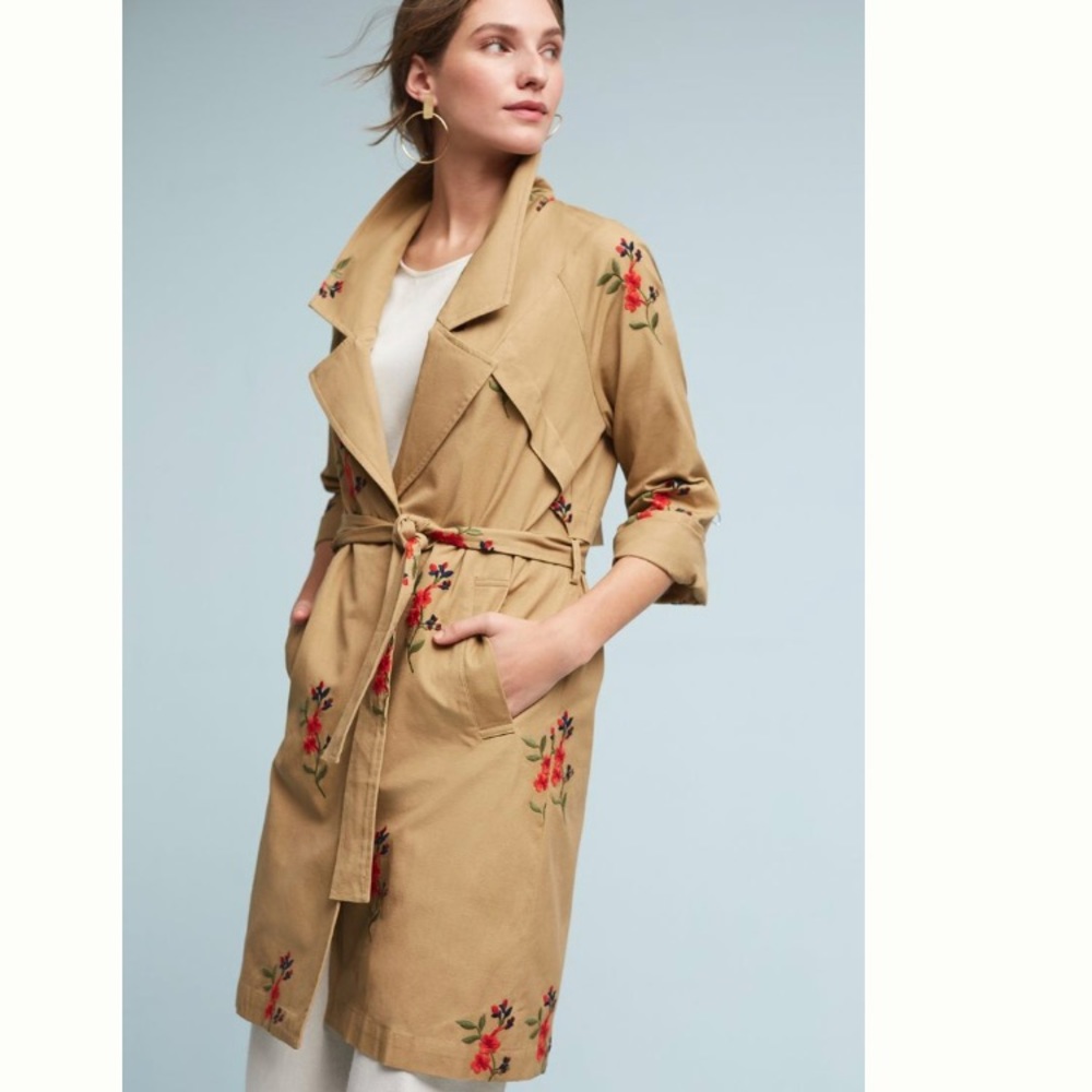 New Anthropologie Embroidered Floral Trench Coat - Picture 1 of 4