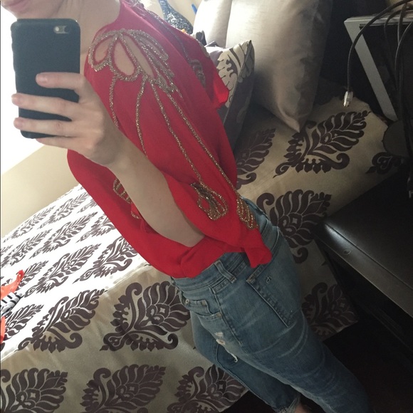 Red formal Blouse with gold beading size M - Picture 2 of 5