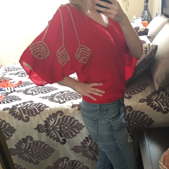 Red formal Blouse with gold beading size M - Picture 1 of 5